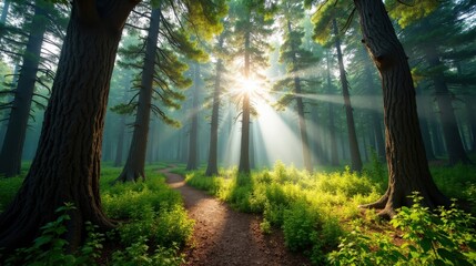 Obraz premium Vibrant Polydendri Forest in Greece, Europe, during midday with hot, sunny summer conditions, captured in a panoramic shot.