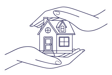 hands holding miniature house line art