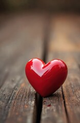 Fototapeta premium Vibrant red heart sits on wooden rustic surface. Valentines day photo represents romantic love. Ideal for valentine day, wedding invitations, dating, romance and relationships. Focus on love symbol.
