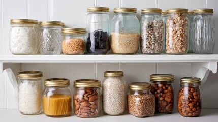 Shelves showcase glass jars filled with various grains, nuts, and seeds in a modern kitchen with neutral tones, featuring a clean, minimalist design