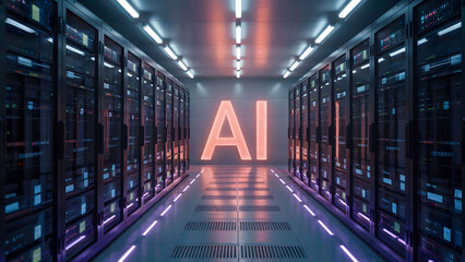Futuristic AI Server Room with Symmetrical Rows of Data Racks and Glowing Neon Lights in a Tech-Focused Environment