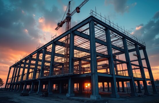 Steel structure building construction site at sunset. Industrial framework engineering, urban development. Modern architecture project with crane, scaffolding. Metal, ironwork construction under