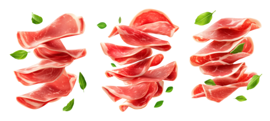 Jamon Serrano Spanish cured ham slices falling with basil leaves isolated on white background. Concept of cured meat