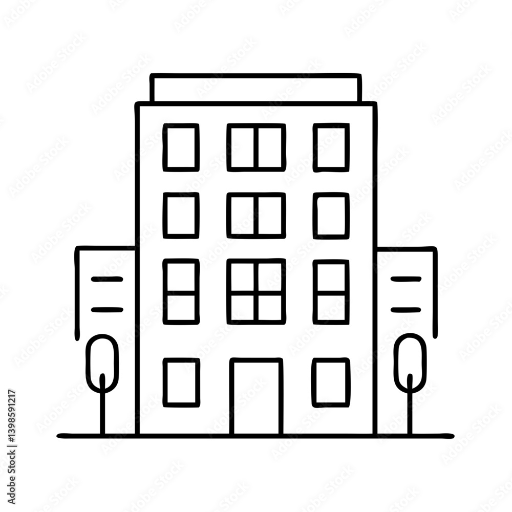 Poster simple line drawing of a multistory building with trees