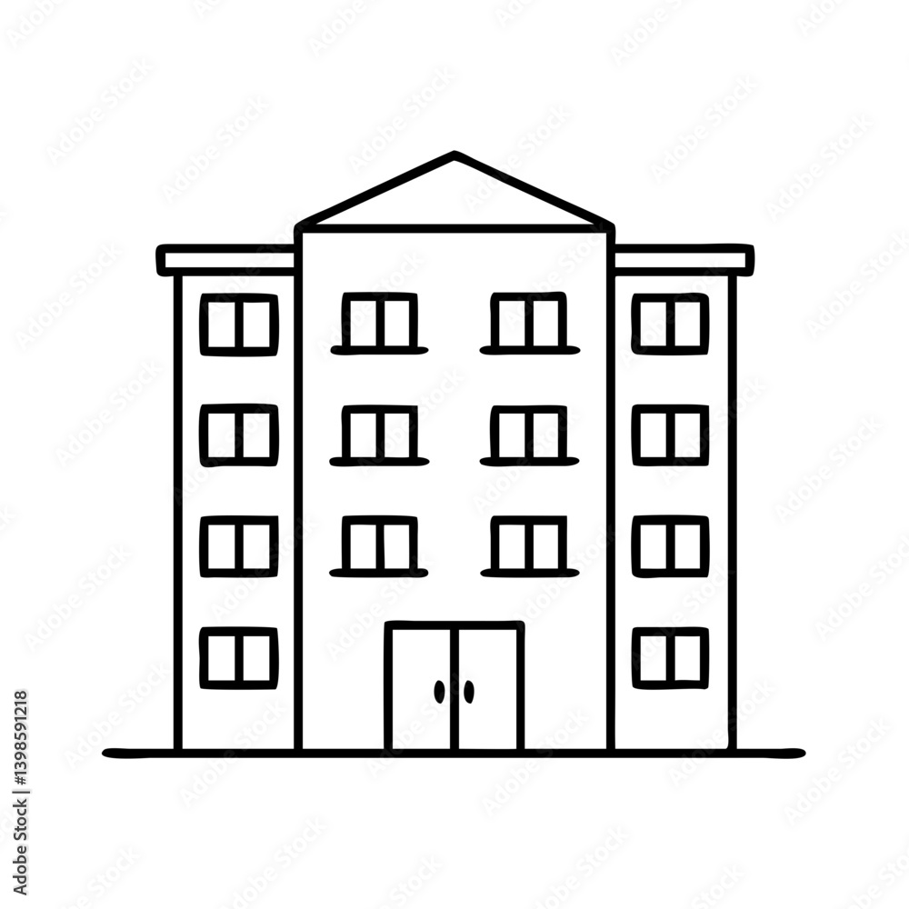 Poster simple line drawing of a multistory building with many windows and a central entrance