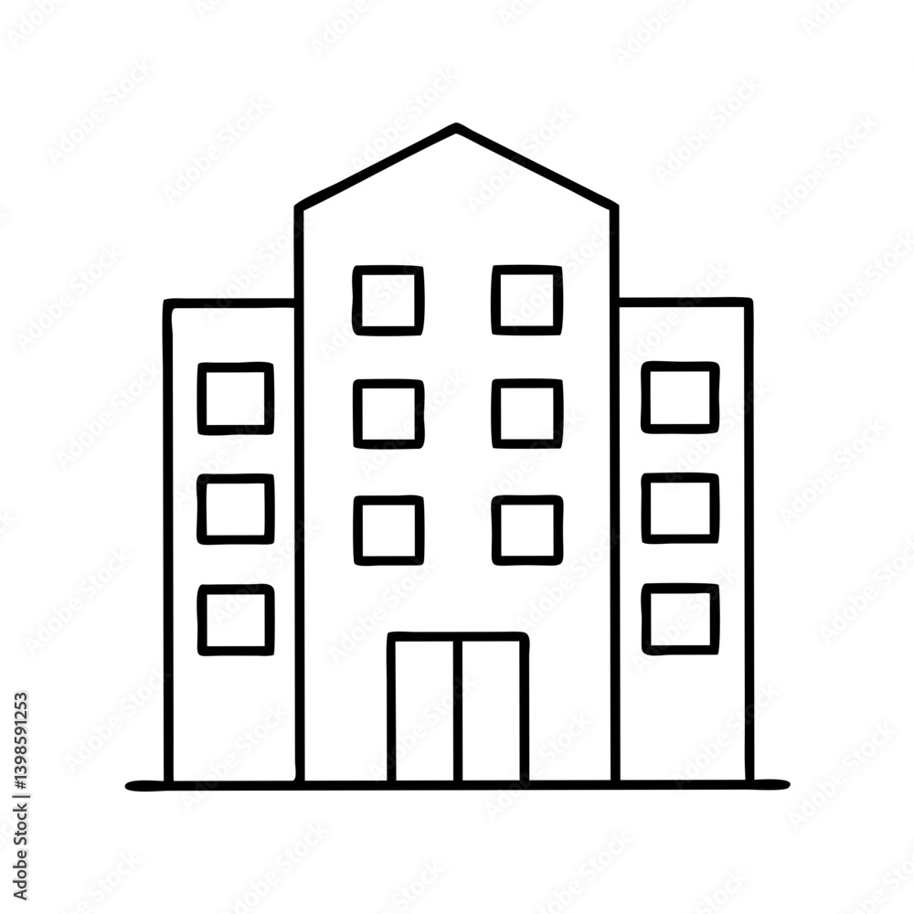 Poster simple line drawing of a multi story building with windows and a main entrance