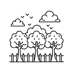 Serene Landscape with Three Trees behind a Wooden Fence under Cloudy Skies and Flying Birds