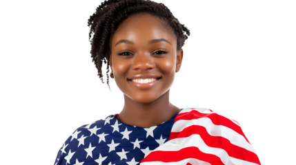 portrait of a young black woman smiling and holding an american flag photo on a transparent background, PNG image, PNG file, Generative art.