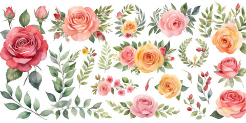 watercolor pink roses clipart, set of roses clipart, roses wreath clipart, watercolor rose wreath clipart on white background, PNG roses clipart