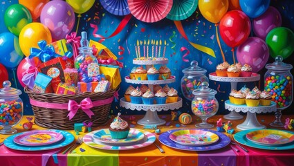 Obraz premium Festive birthday celebration with sweets, gifts, balloons, and colorful decorations creating a joyful atmosphere for a special occasion.