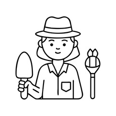 A female gardener wearing a hat holding a trowel and gardening tool