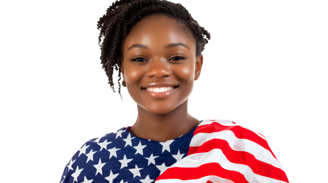 portrait of a young black woman smiling and holding an american flag photo on a transparent background, PNG image, PNG file, Generative art. - Powered by Adobe