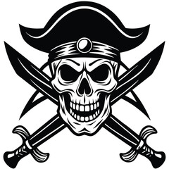 Skull and Crossed Swords Emblem Black & White Tattoo Style on White