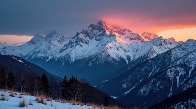Mount Taygetus in Greece, Europe, at dawn with mild, rainy winter weather from a panoramic perspective.