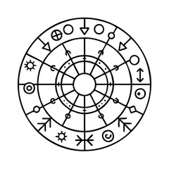 Abstract Circular Mandala with Geometric and Symbolic Designs Featuring Sun Symbols Arrows and Other Mystical Elements