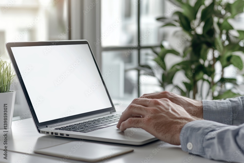 Poster close up of a man s hands typing on a laptop with a blank screen in a minimalist office setting
