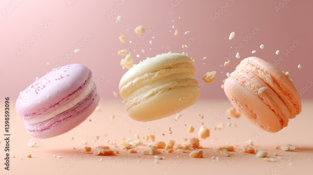 Poster Three colorful macarons are suspended mid-fall against a soft peach backdrop, with crumbs scattering dynamically and ample copy space on the right side