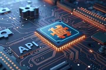 The heart of digital connection: A powerful API chip glows brightly, symbolizing seamless integration and technological innovation in a complex circuit board.