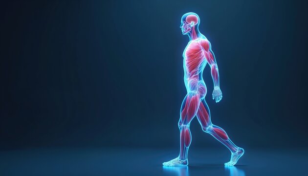 3D illustration of human muscle system. Anatomic body hologram in motion. Athletic man body, muscular skeleton. Health care concept for sport, fitness, medical topics.