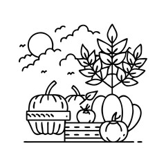 Autumn Harvest Scene with Pumpkins Tomatoes and Plants in a Wooden Crate under a Sunny Sky