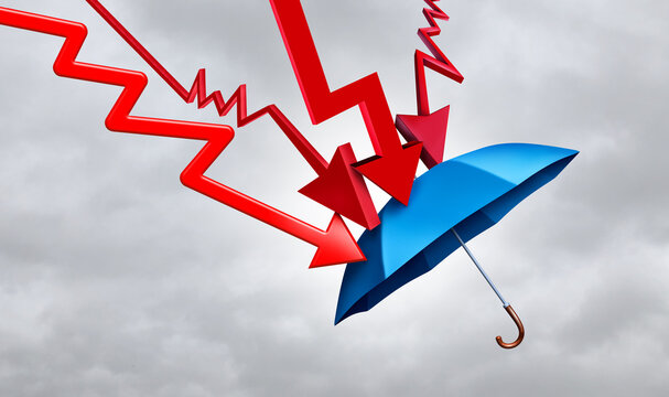 Crisis Management as an An umbrella that shields against falling arrows as a business metaphor and a symbol for protection and resilience in times of crisis and economic downturn.