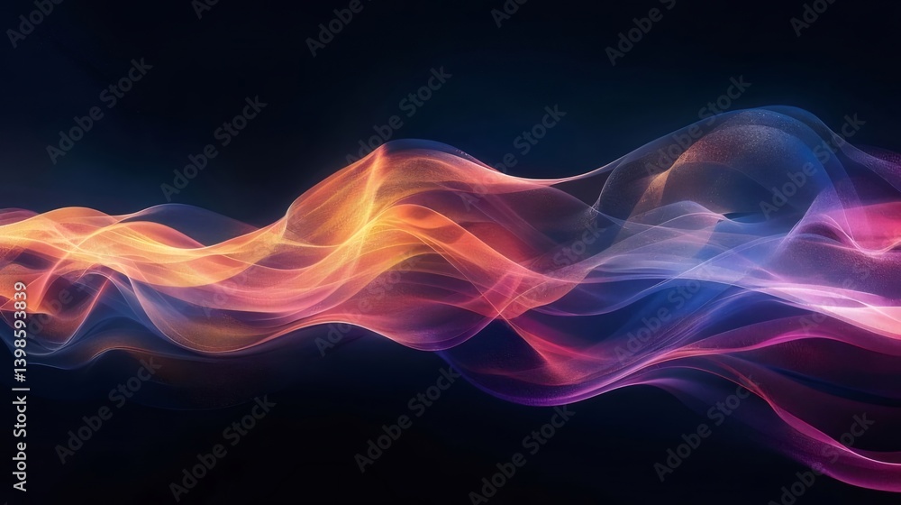 Poster abstract digital wave form with glowing particles in blue orange and pink colors displaying data flo