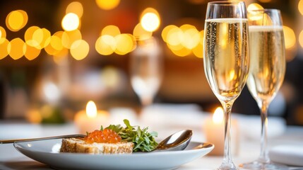 Champagne toast celebration with caviar and soft lighting festive gourmet dinner