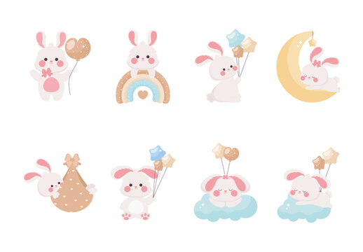 Pink And Blue Cute Bunny Baby Shower Stickers Set