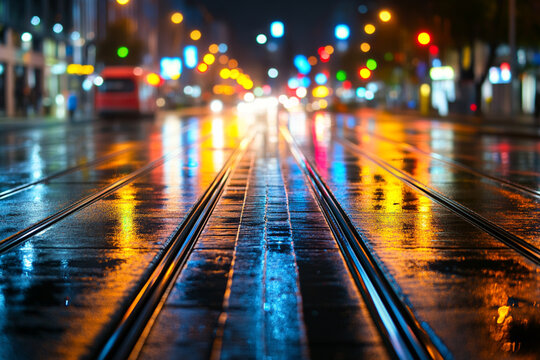Wet City Street at Night with Tram Tracks and Blurred Lights