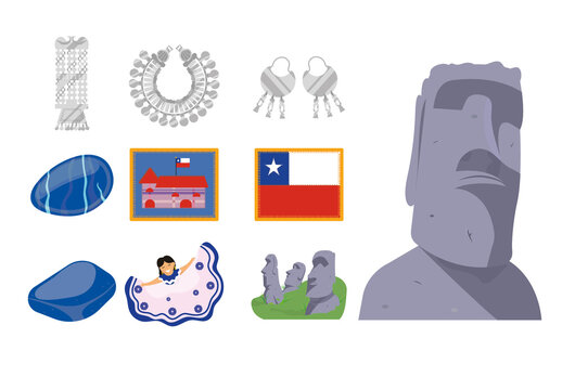 Colorful Chilean Culture Elements Historical Icons Set