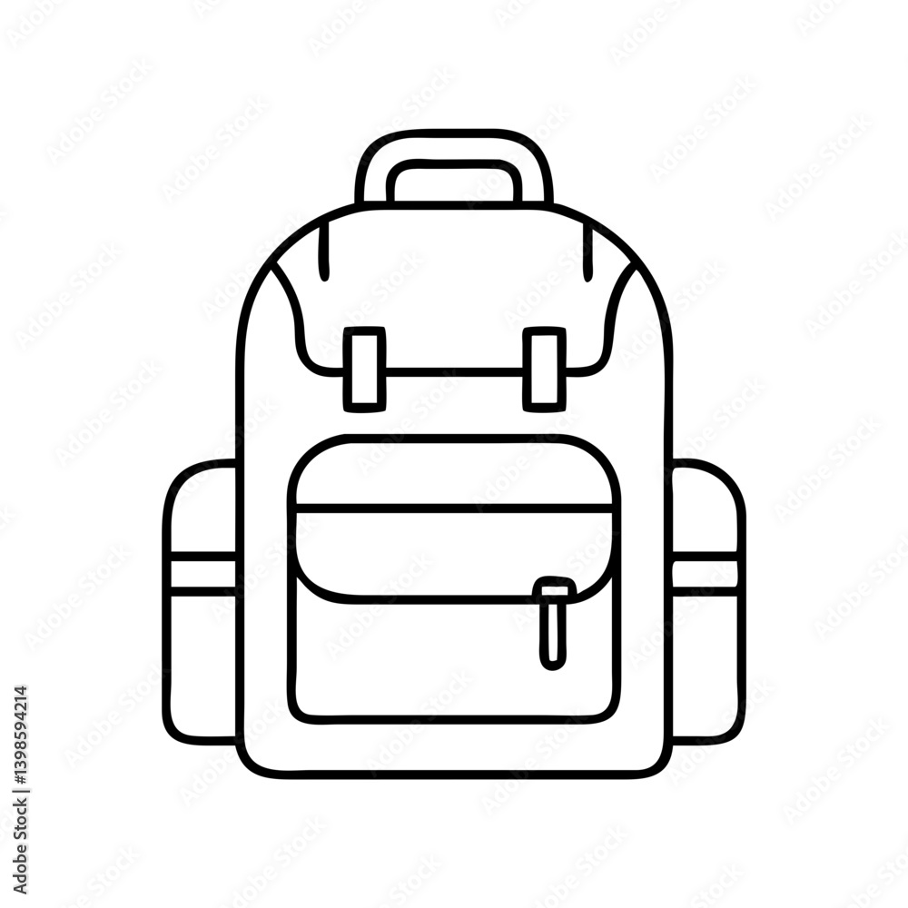 Poster outline drawing of a classic backpack with multiple pockets and a top handle for carrying