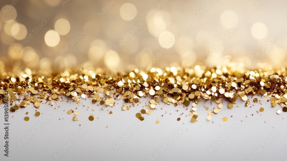 Poster Soft golden particles float gracefully in the air, forming a blurred bokeh effect. The warm glow radiates an inviting atmosphere with ample copy space on the right