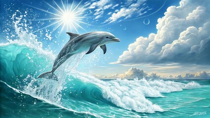 A majestic dolphin leaps joyfully over a turquoise wave under a brilliant sun and fluffy clouds, a vibrant ocean scene.