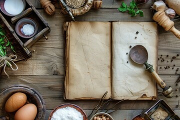 Rustic cookbook concept with empty pages and kitchen tools on a wooden surface.