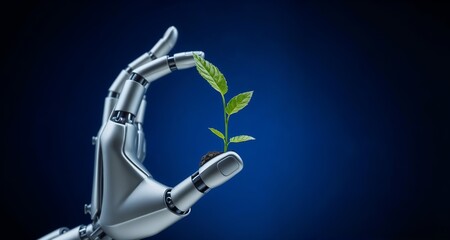A robotic hand gently cradles a small green plant, set against a deep blue background.


