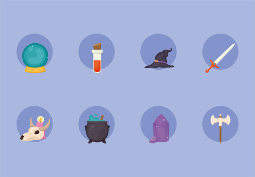Colorful Magic Weapon Potion Crystal Fantasy Icons Set