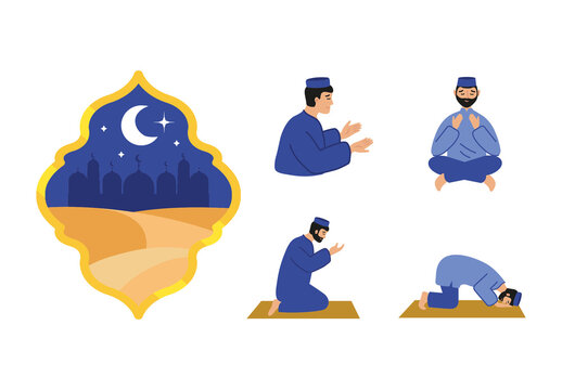 Blue And Yellow Islamic Prayer Scene Illustration Set