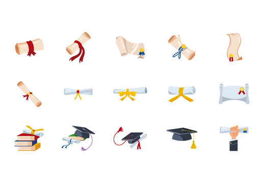 Colorful Diploma Scroll Cap Certificate Graduation Icons Set