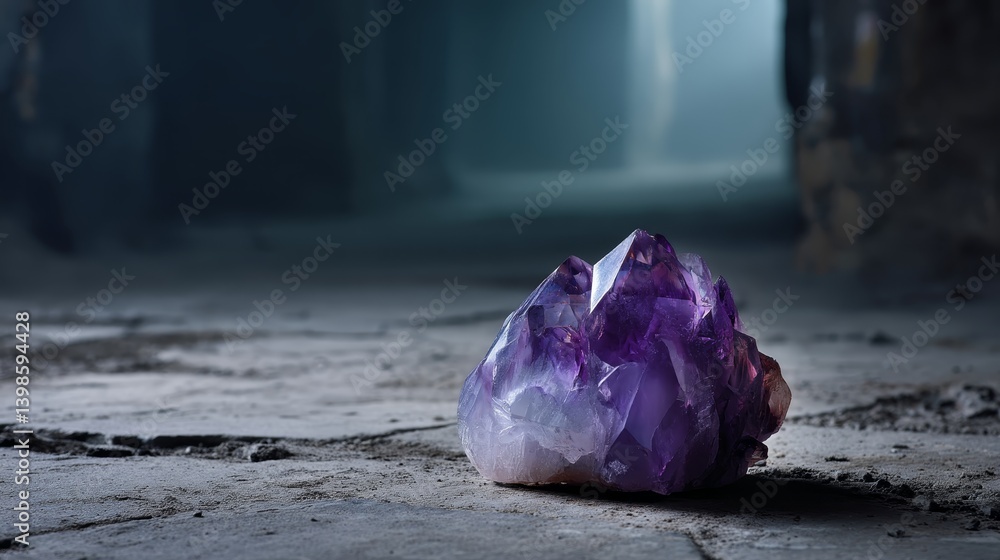 Poster glowing amethyst cluster rests on a black basalt formation in a dark cave, displaying prismatic ligh