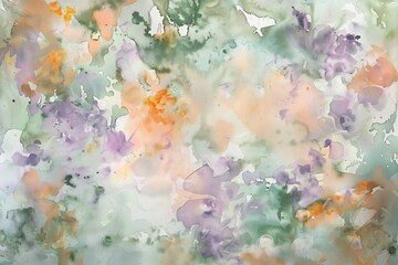 Soft watercolor abstract background splashes of muted green peach and lavender layered with brushstroke texture and organic flow