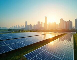 Solar power plant generates clean energy for city skyline during sunset. Eco-friendly green energy, renewable technology, sustainable development of urban architecture. Photovoltaic panels, blue sky.