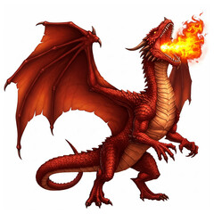 Fierce Red Dragon Spouting Flame Against a White Background