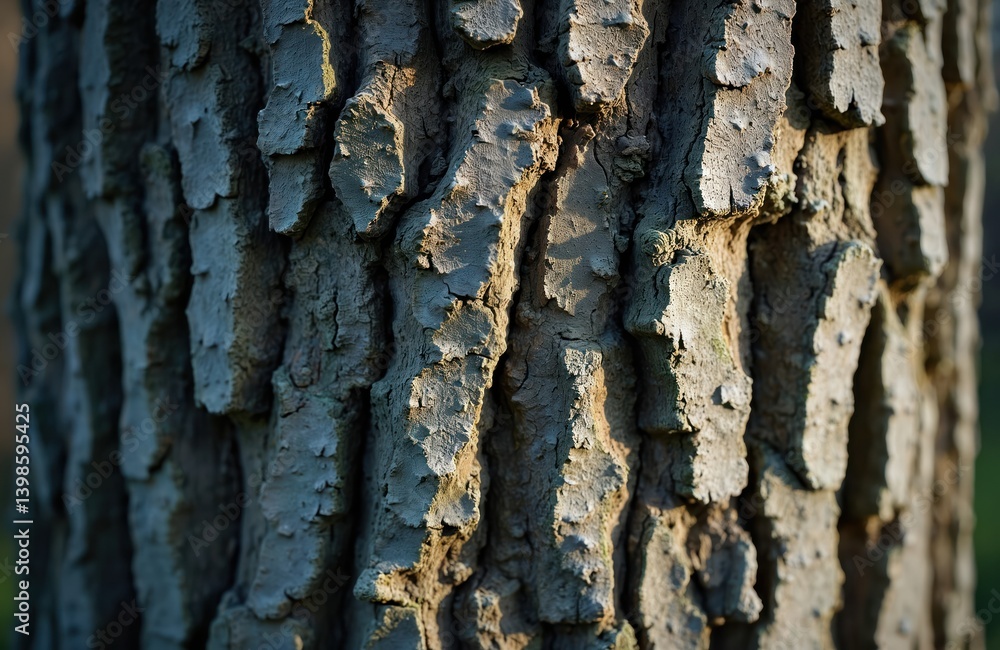 Poster Close-up shot of textured tree bark. Rough, old tree trunk surface with intricate details. Natural pattern in grey and brown tones. Macro shot of aged wood with texture.