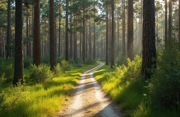 Fototapeta premium Rugged path winds through remote longleaf pine forest, saw palmetto, green grass, trees. Nature, hiking, environment, conservation concept. Wilderness scenery, blue sky day. Ideal for travel,