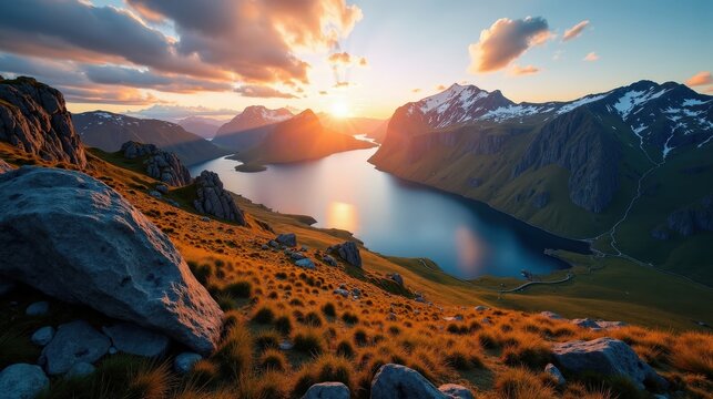 Sunny scene at Rago National Park in Norway at dawn, captured from above.