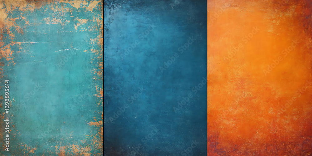 Poster three grungy textures in orange, blue, and teal, arranged side by side with white space between them