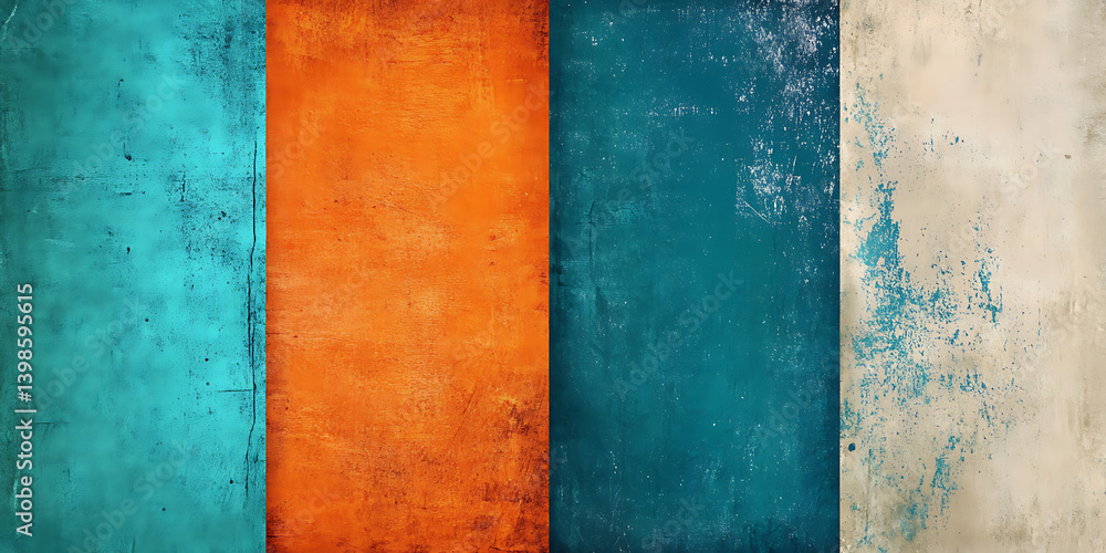 Poster three grungy textures in orange, blue, and teal, arranged side by side with white space between them