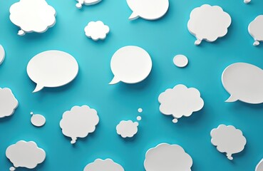 Abstract background with white speech bubbles on blue. Communication, chat, discussion concept. Dialogue message, social media networking talk. Creative business communication.