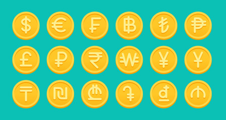 Dollar, Euro, Franc, Won, Pound etc. golden coins stack flat style vector illustration