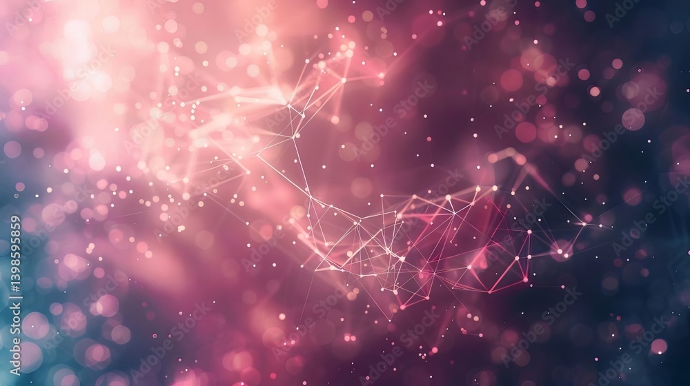 Poster abstract digital network structure with glowing particles and points against blurred pink and blue b